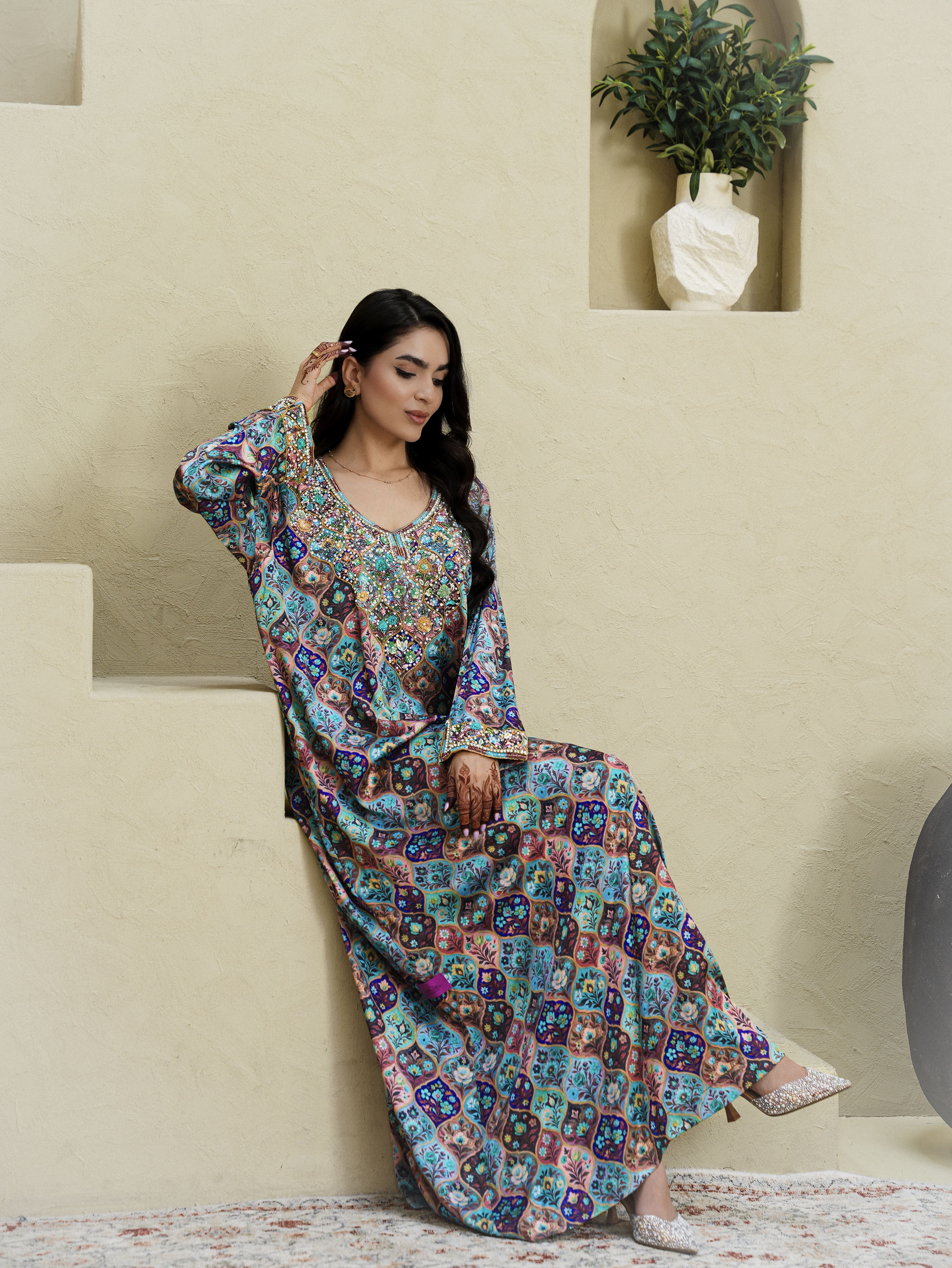 Embroidered Floral Silk Jalabiya